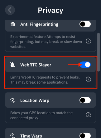 WebRTC slayer toggle