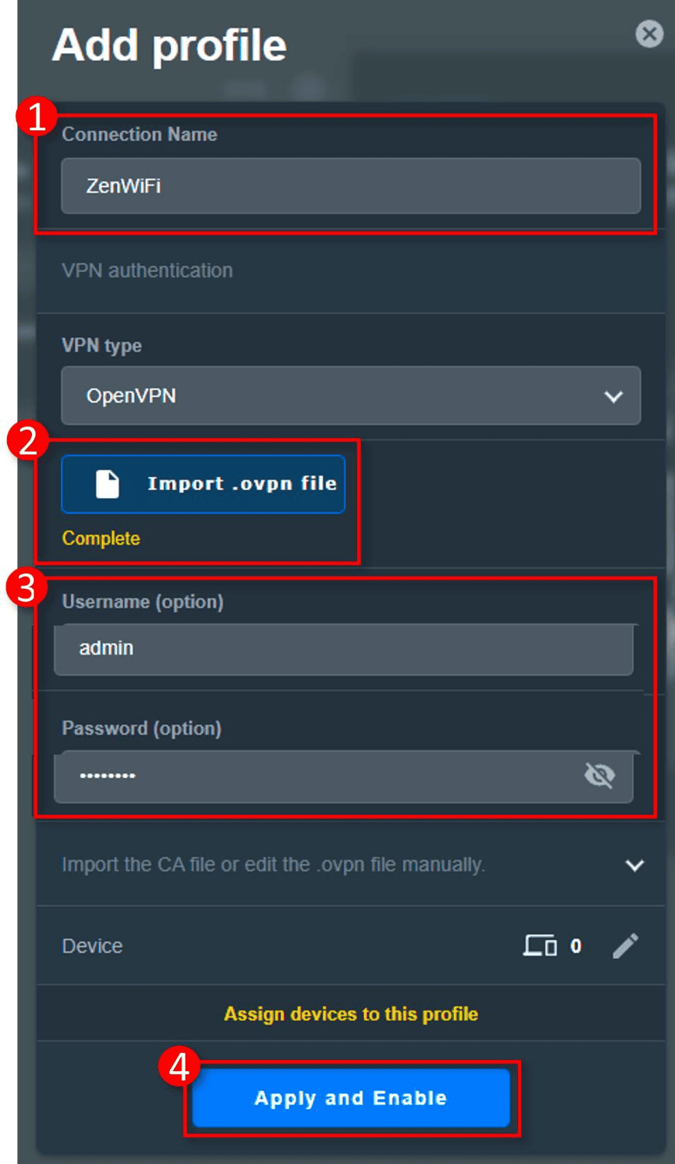 ASUS VPN Fusion OpenVPN profile form with import, credential, and apply controls highlighted