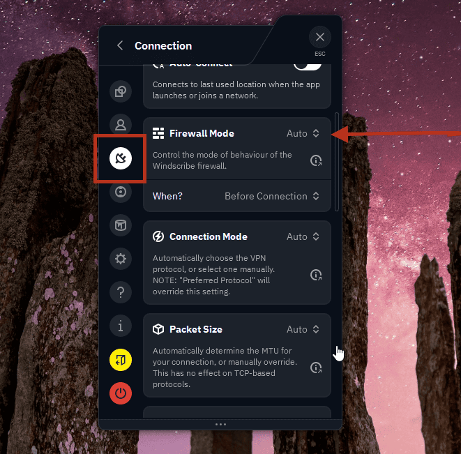 Windscribe Firewall Mode set to Auto