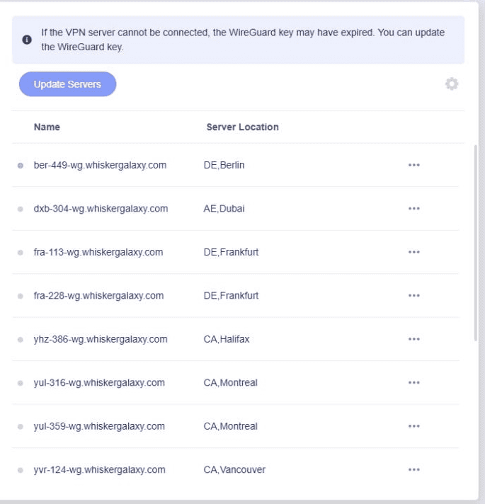 GL.iNet-Liste der Windscribe-Server mit einem grünen Punkt neben dem verbundenen Berlin-Profil