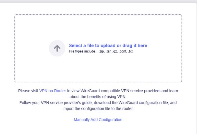 Upload-Bereich des GL.iNet WireGuard Client, der eine conf-Datei akzeptiert
