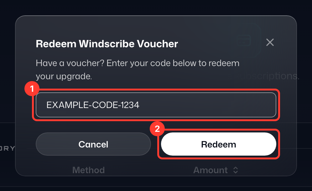Redeem Windscribe Voucher window with a code entered