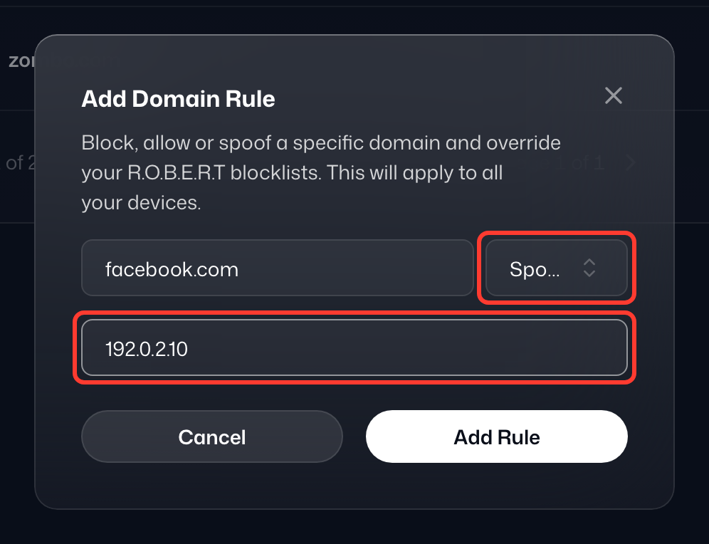 The Add Domain Rule window with facebook.com entered, Spoof selected and 192.0.2.10 as the spoof IP