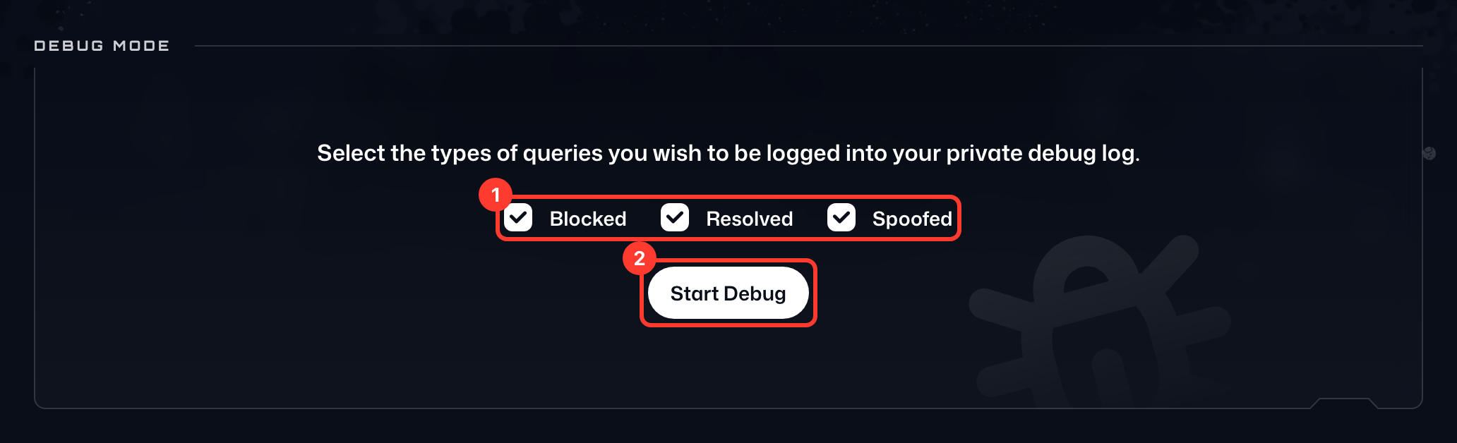 Debug Mode with Blocked, Resolved and Spoofed selected