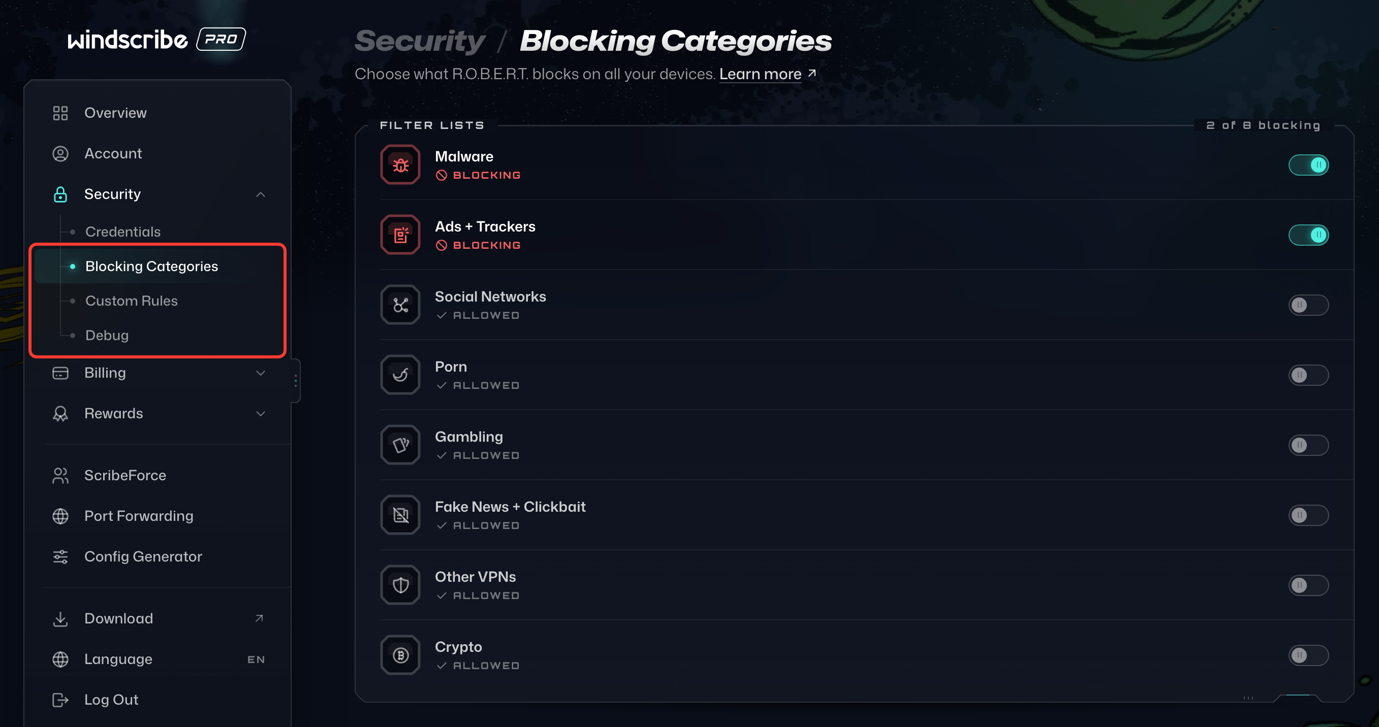 Categorías de bloqueo, Reglas personalizadas y Depuración resaltadas dentro de Seguridad en la barra lateral de Mi cuenta, con Categorías de bloqueo abierta
