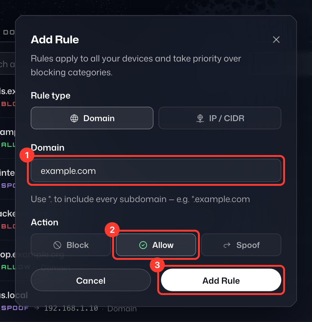 El cuadro de diálogo Agregar regla, con example.com escrito, Permitir seleccionado y Agregar regla numerados del 1 al 3
