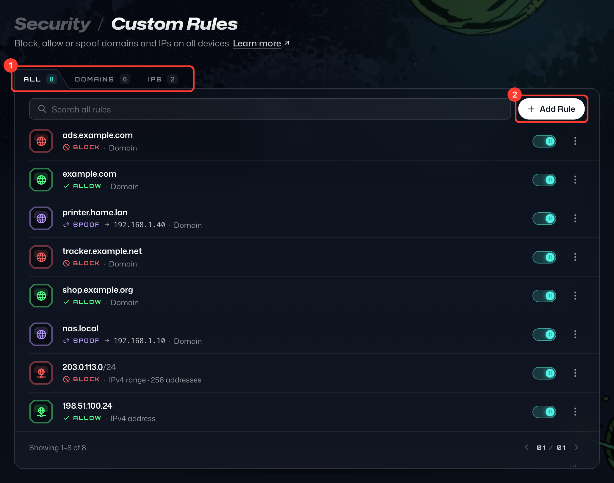 La página Reglas personalizadas en Mi cuenta, con las pestañas Todas, Dominios e IP y el botón Agregar regla numerados con 1 y 2