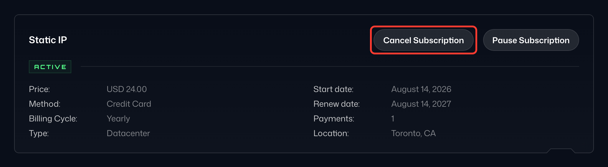 Cancel Subscription button on a Static IP subscription
