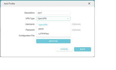TP-Link-Dialogfeld Add Profile mit ausgewähltem OpenVPN in der Liste VPN Type