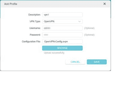 Ausgefülltes OpenVPN-Profilformular von TP-Link mit Upload successfully vor Save