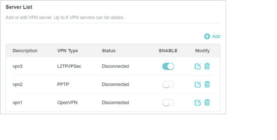 TP-Link VPN Server List mit einem aktivierten Profil, während alle Profile getrennt sind